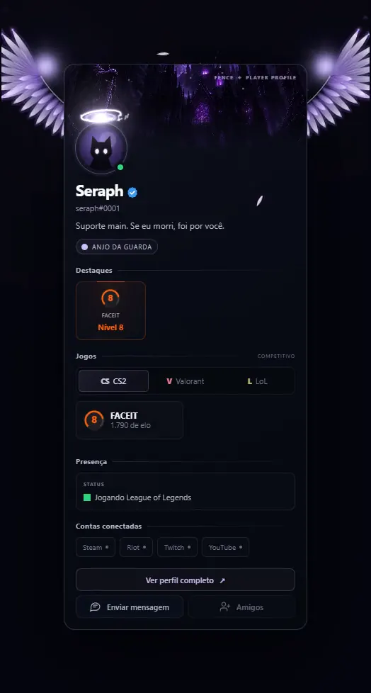 O cartão de perfil do Fence com o efeito Fallen Seraph